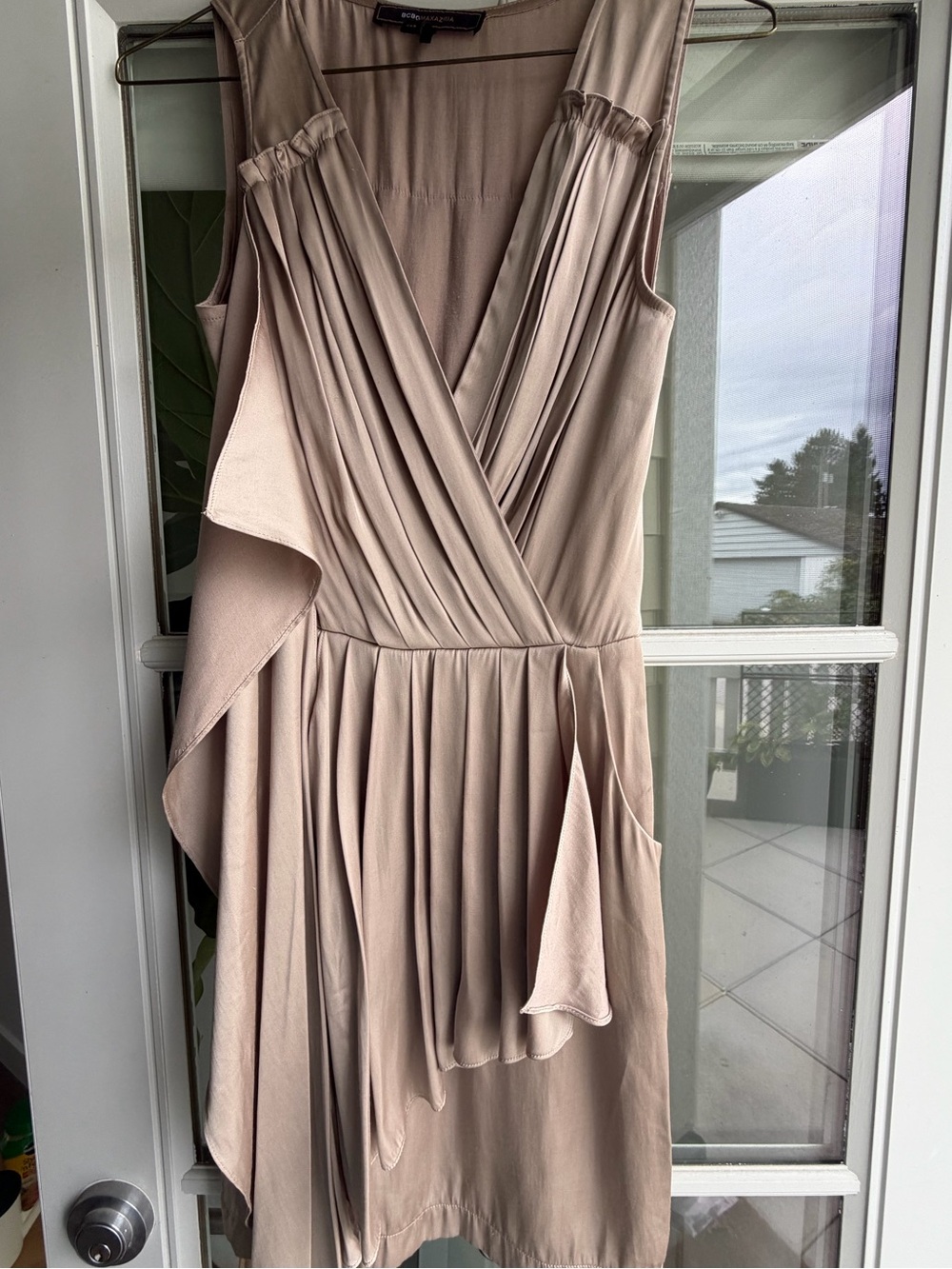BCBG Taupe Midi Draped Cocktail Dress